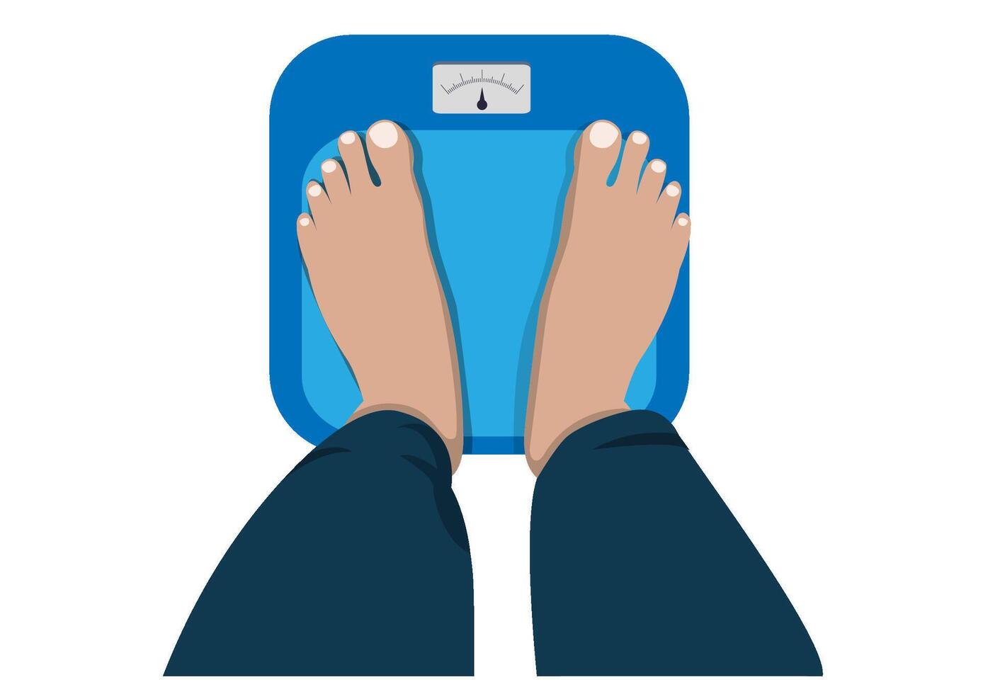 Foot on the scale. Top view. Weight measurement. vector