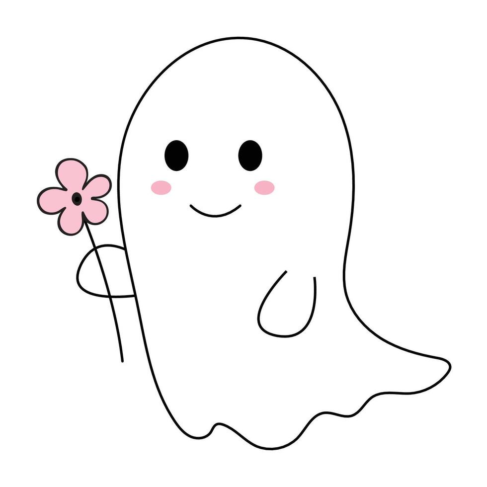 illustration of a cute cartoon white ghost with a pink flower in his hand on a white background. vector
