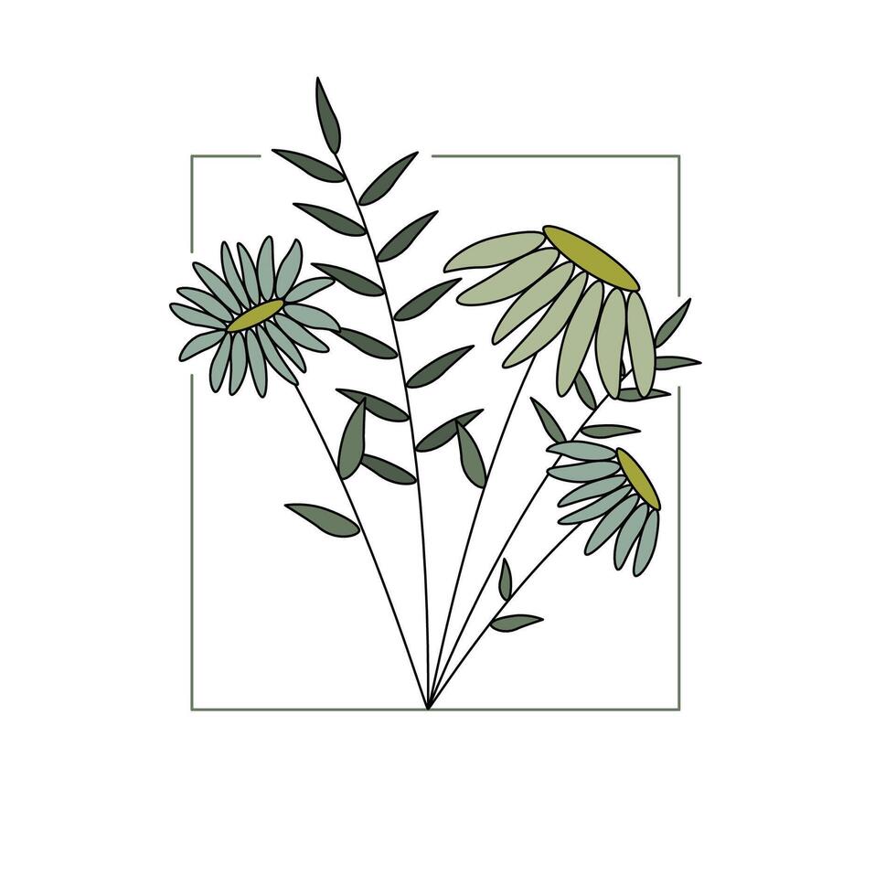 Color illustration of wild herbs and flowers in a frame, illustration on a white background. vector