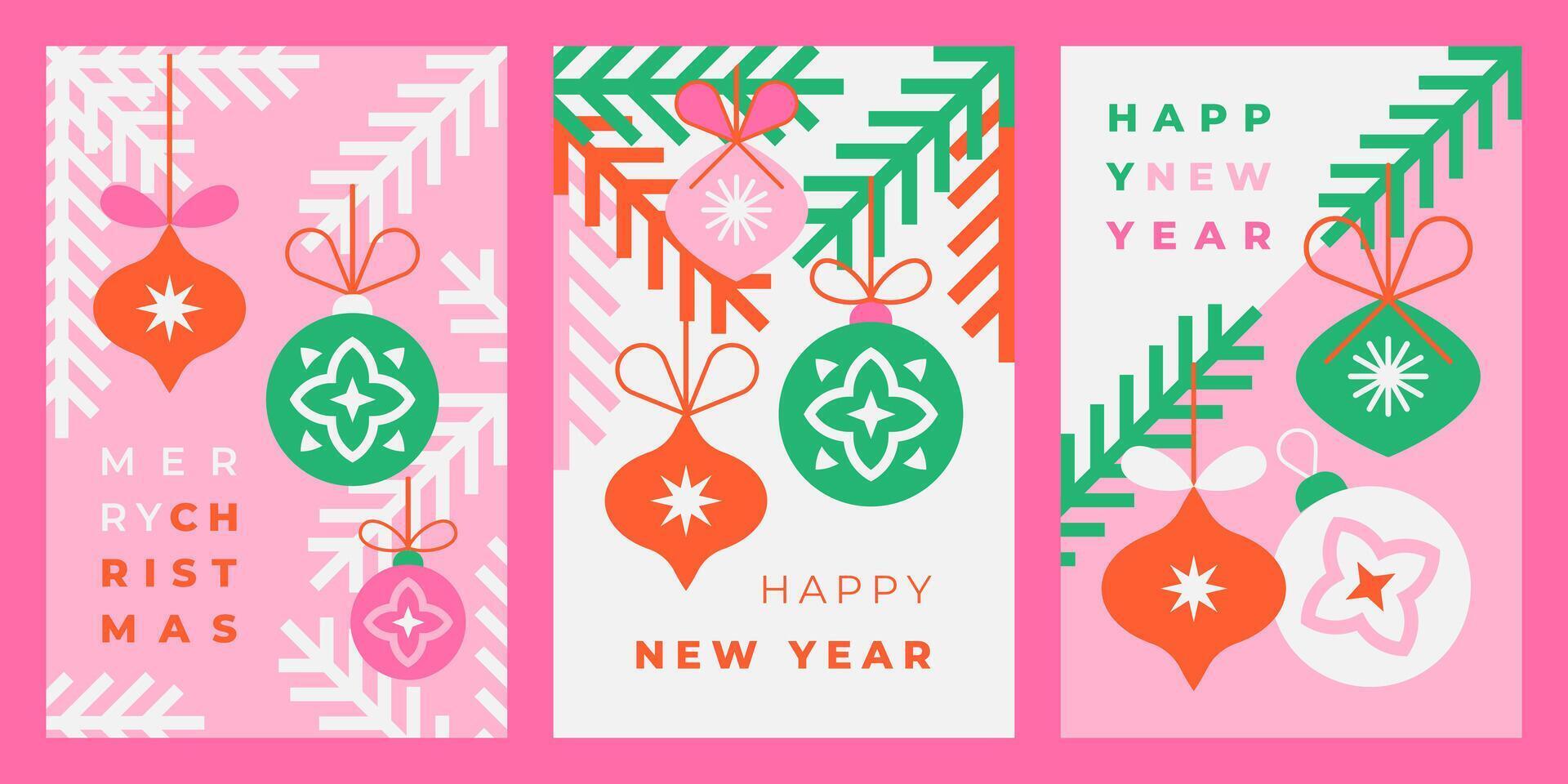 Set of Christmas and New Year greeting cards with Christmas tree, wreath and decoration vector