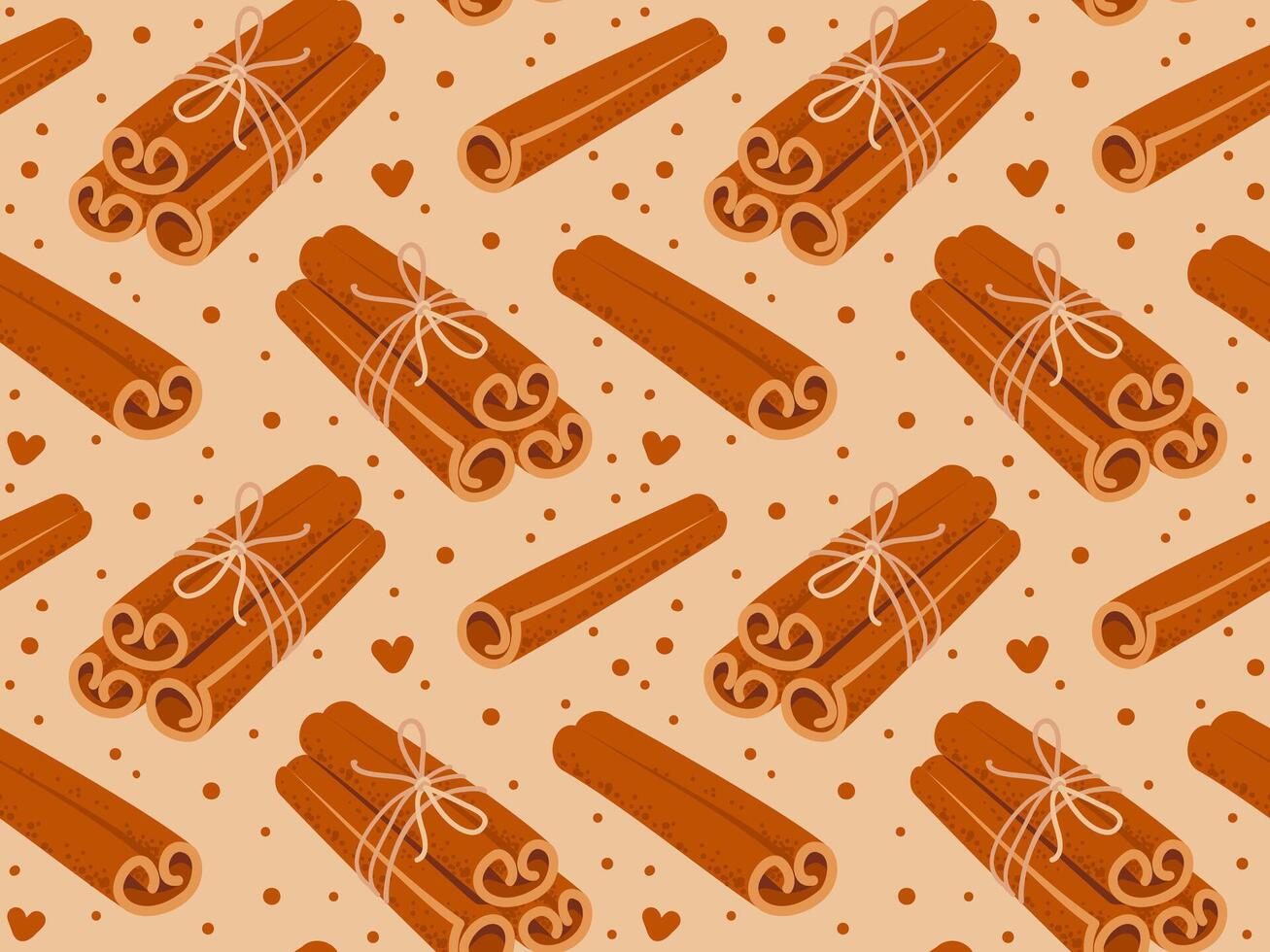 Seamless pattern with bunch of cinnamon sticks tied with jute rope, dots and hearts on background vector