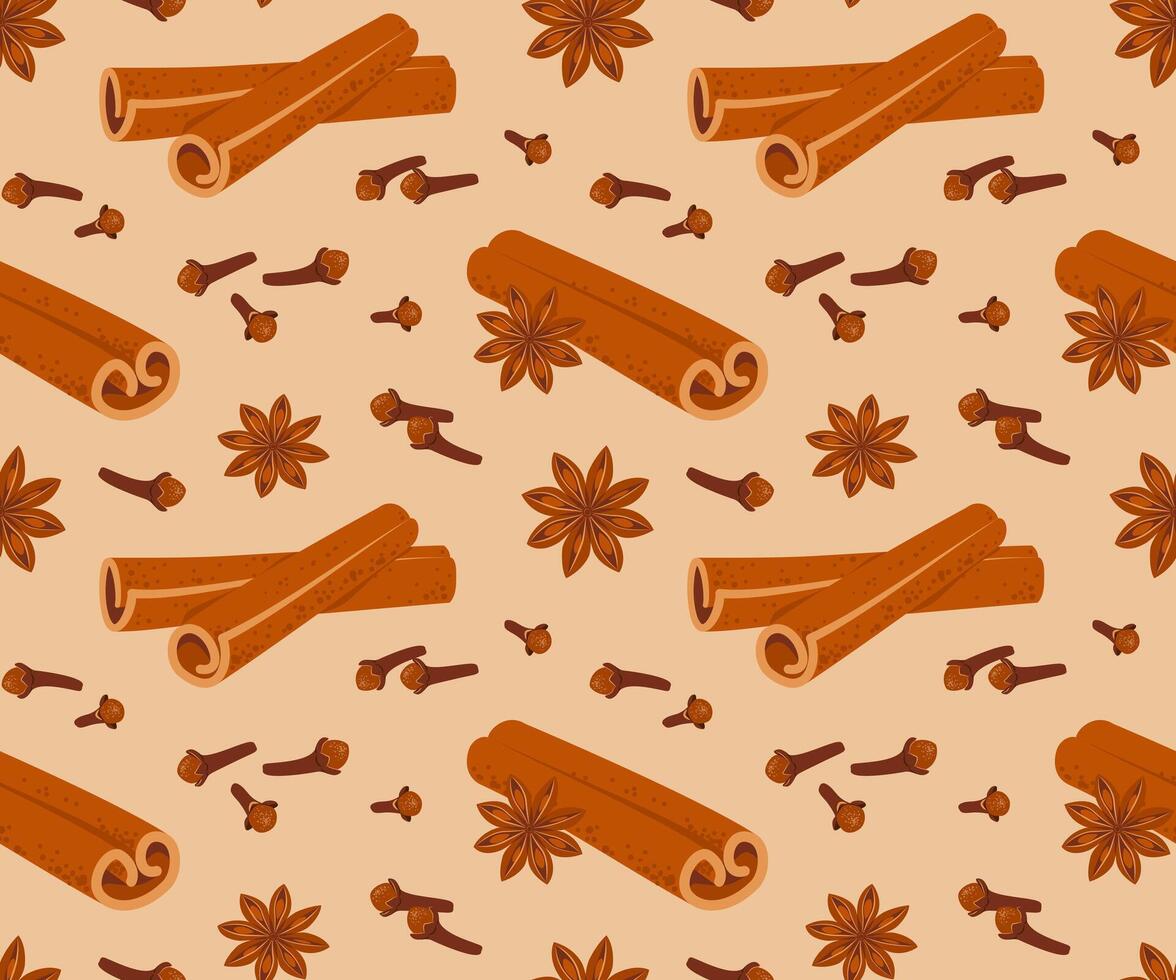 Seamless pattern with cinnamon sticks, dried cloves and star anise vector