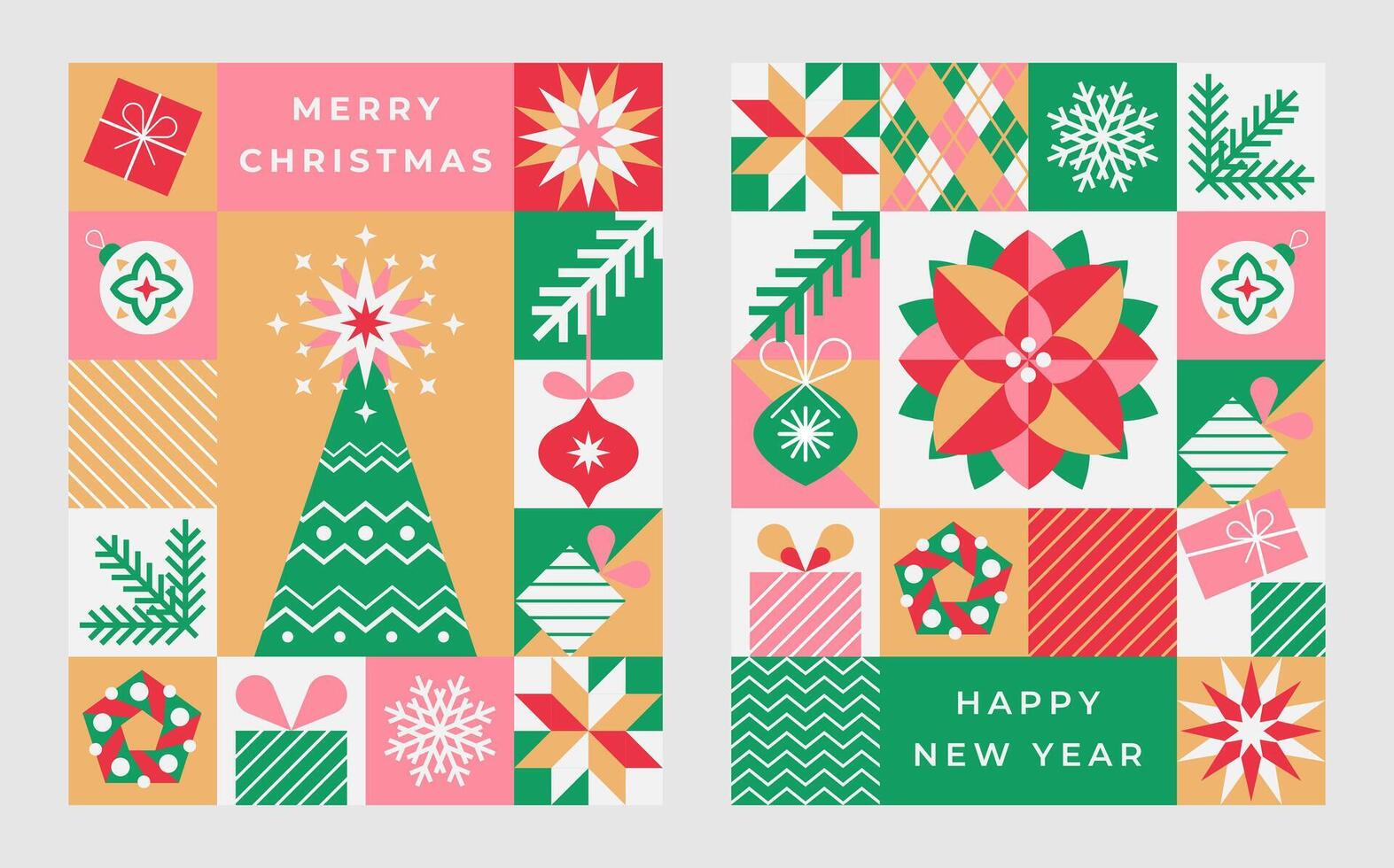 Christmas poster set with geometric design elements in flat minimalist style. vector