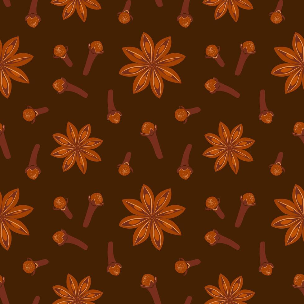 Seamless pattern with dried clove seeds and star anise on brown background vector