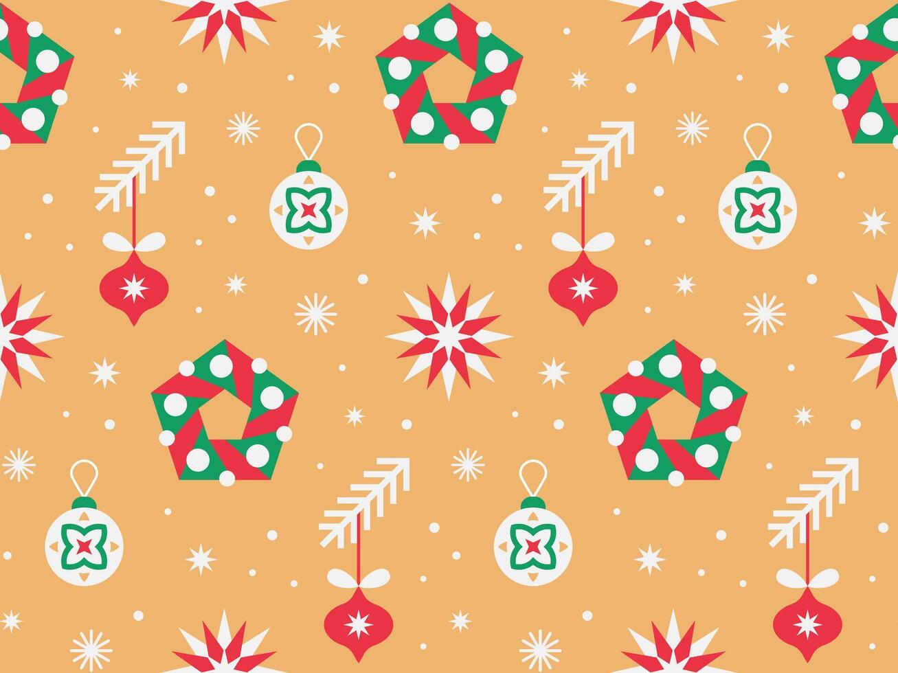 Seamless pattern with Christmas tree decorations and Christmas wreath on gold color background. vector