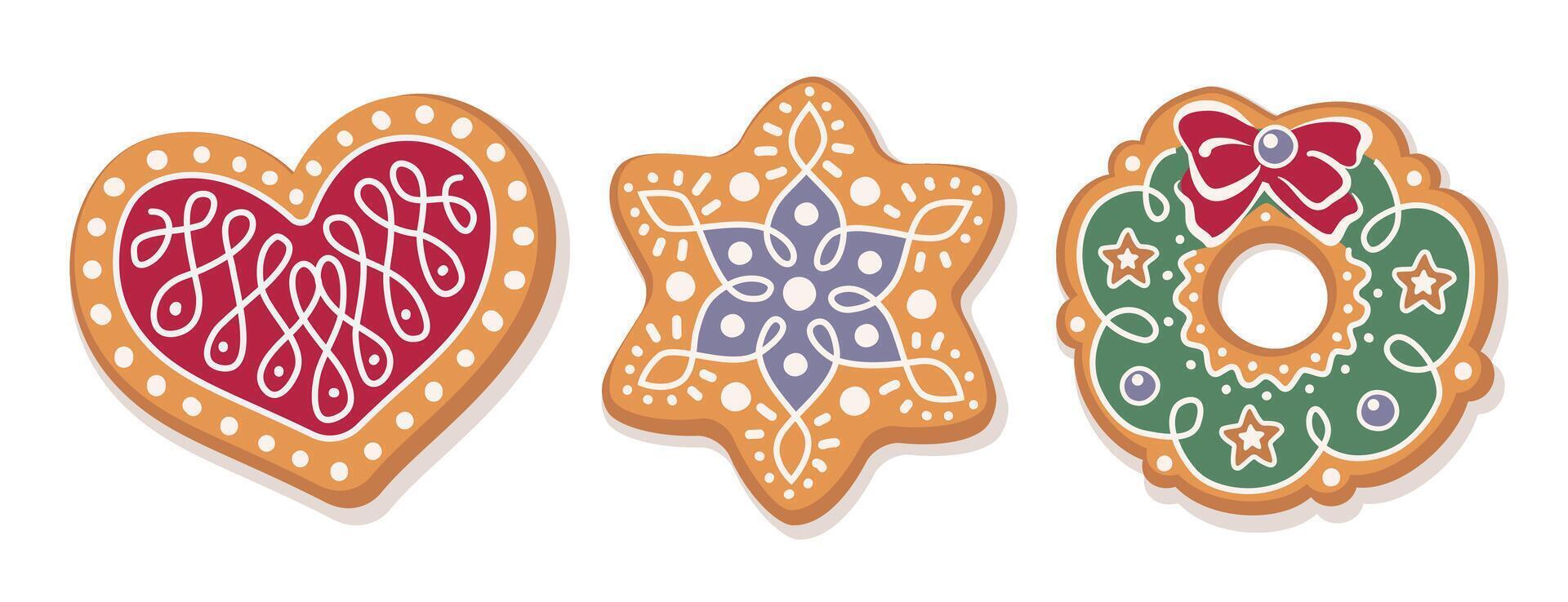 Gingerbread cookies set - Christmas wreath, snowflake and heart on white background. vector