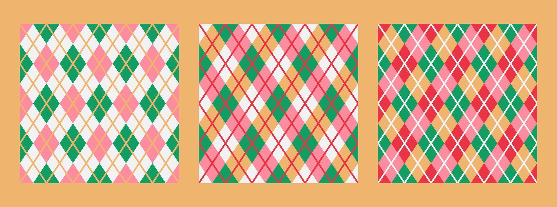 Set of seamless geometric Argyle patterns in green, pink, red and white. vector