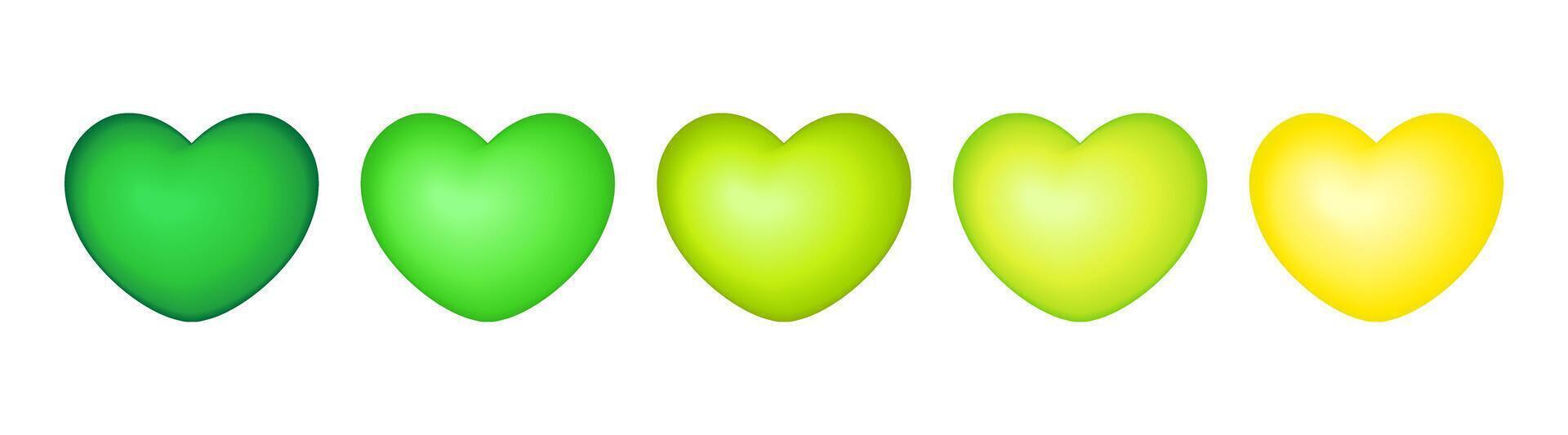 Set of green and yellow, 3D hearts isolated on white background vector