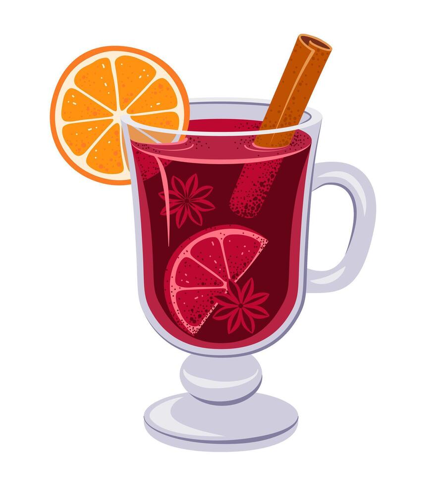 Mulled wine with orange slice, cinnamon stick and badian. vector