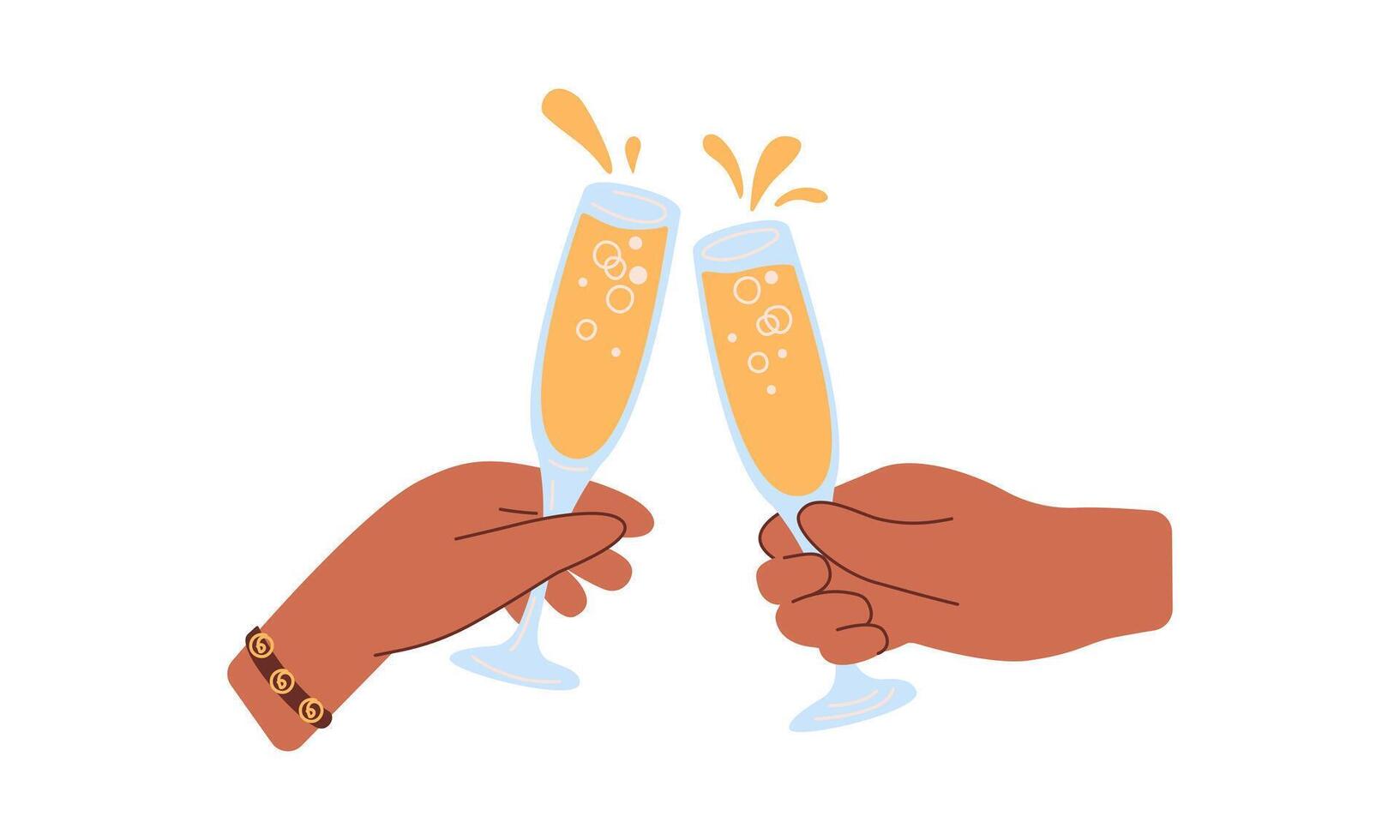 Hands Holding Glass of Champagne or Sparking Wine. Cristmas Cheers. Cartoon flat illustration on white background vector