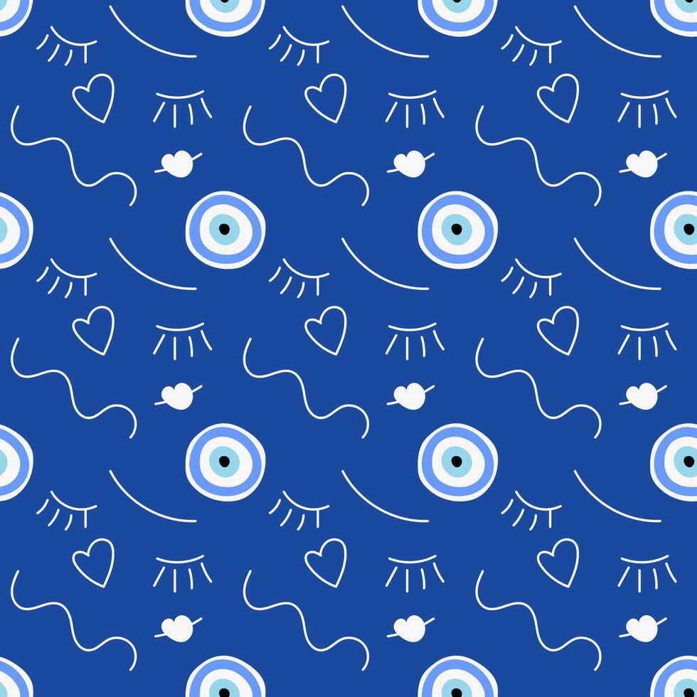 Turkish Eye with hand drawn doodle lines. Abstract Evil Eye Seamless Pattern. Cartoon ornate vector