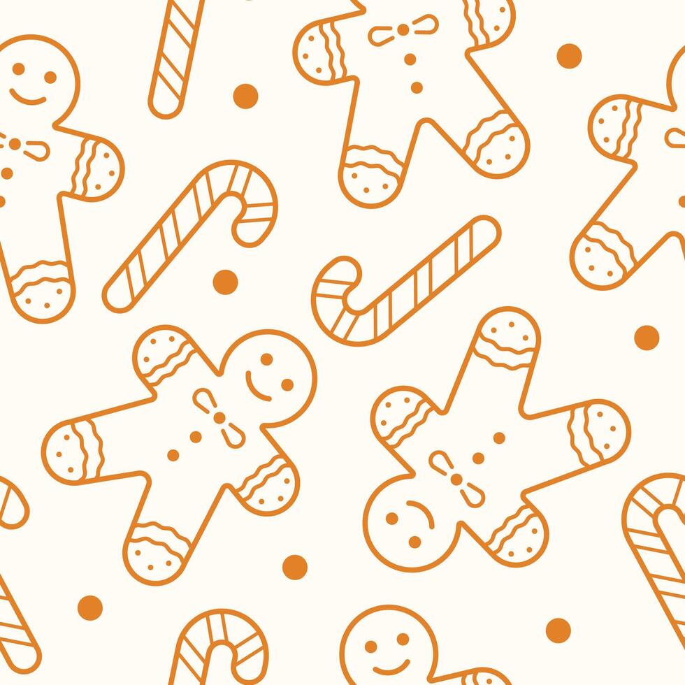 Gingerbread man and candy cane seamless pattern. Chrisrmas holiday background. Thin line new year ornament vector