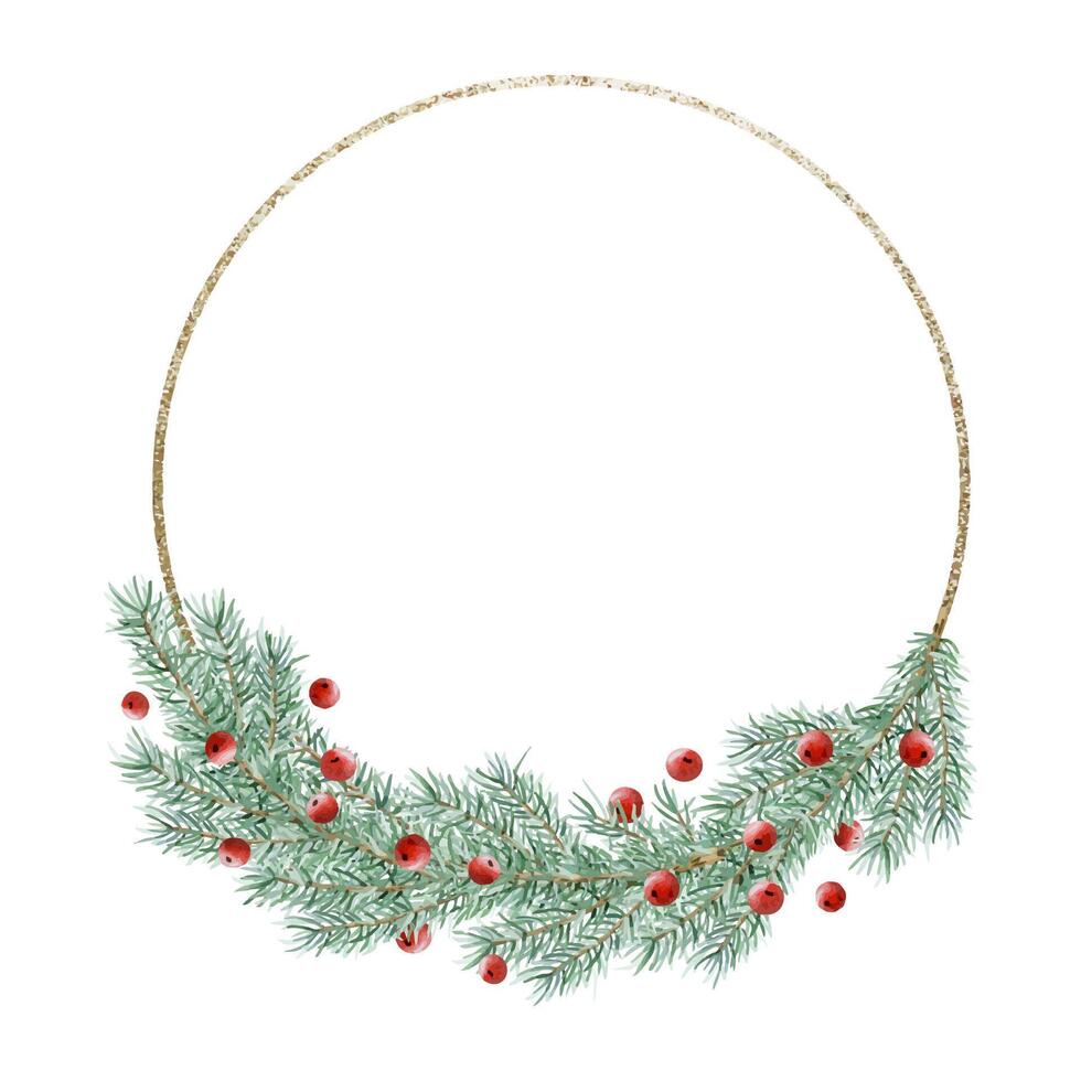 Pine tree branches with red berries round wreath with golden frame watercolor illustration for winter holidays greeting cards templates vector