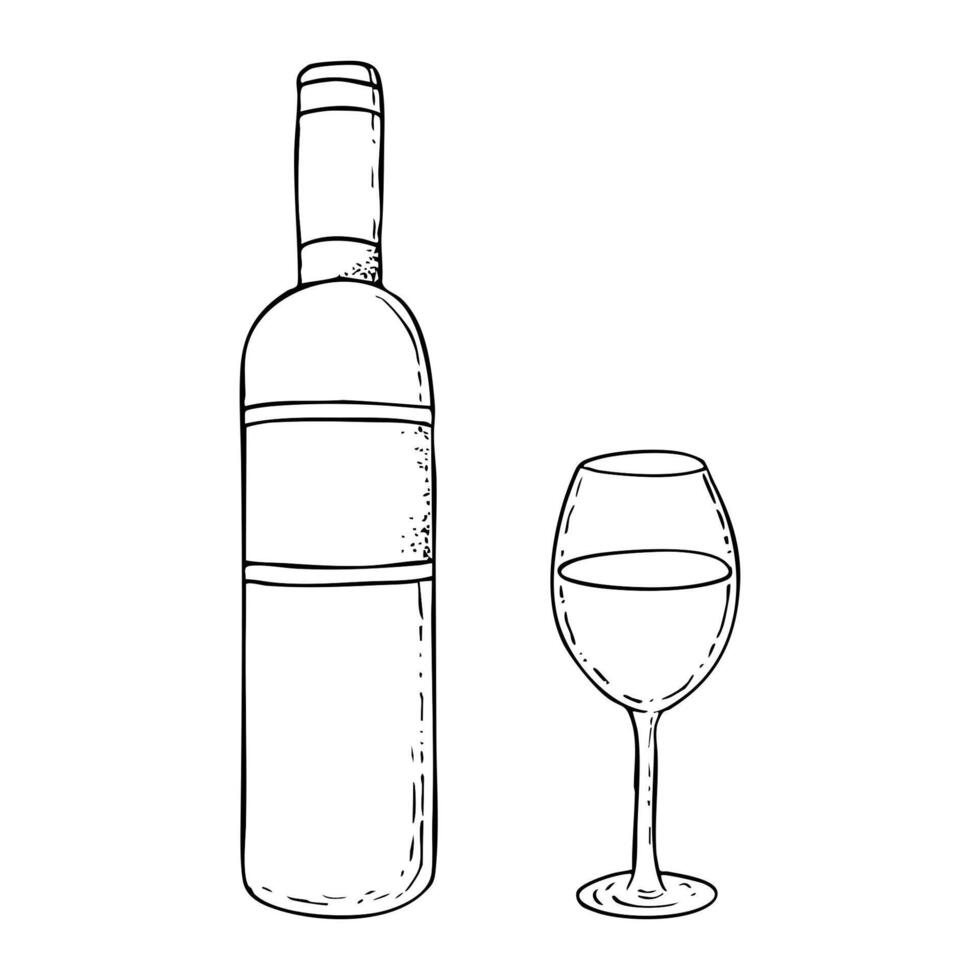 Wine bottle and glass black and white simple drawing. Monochrome ink sketch for kosher Kiddush designs and celebrations of Purim, Passover Seder and Shabbat dinner vector