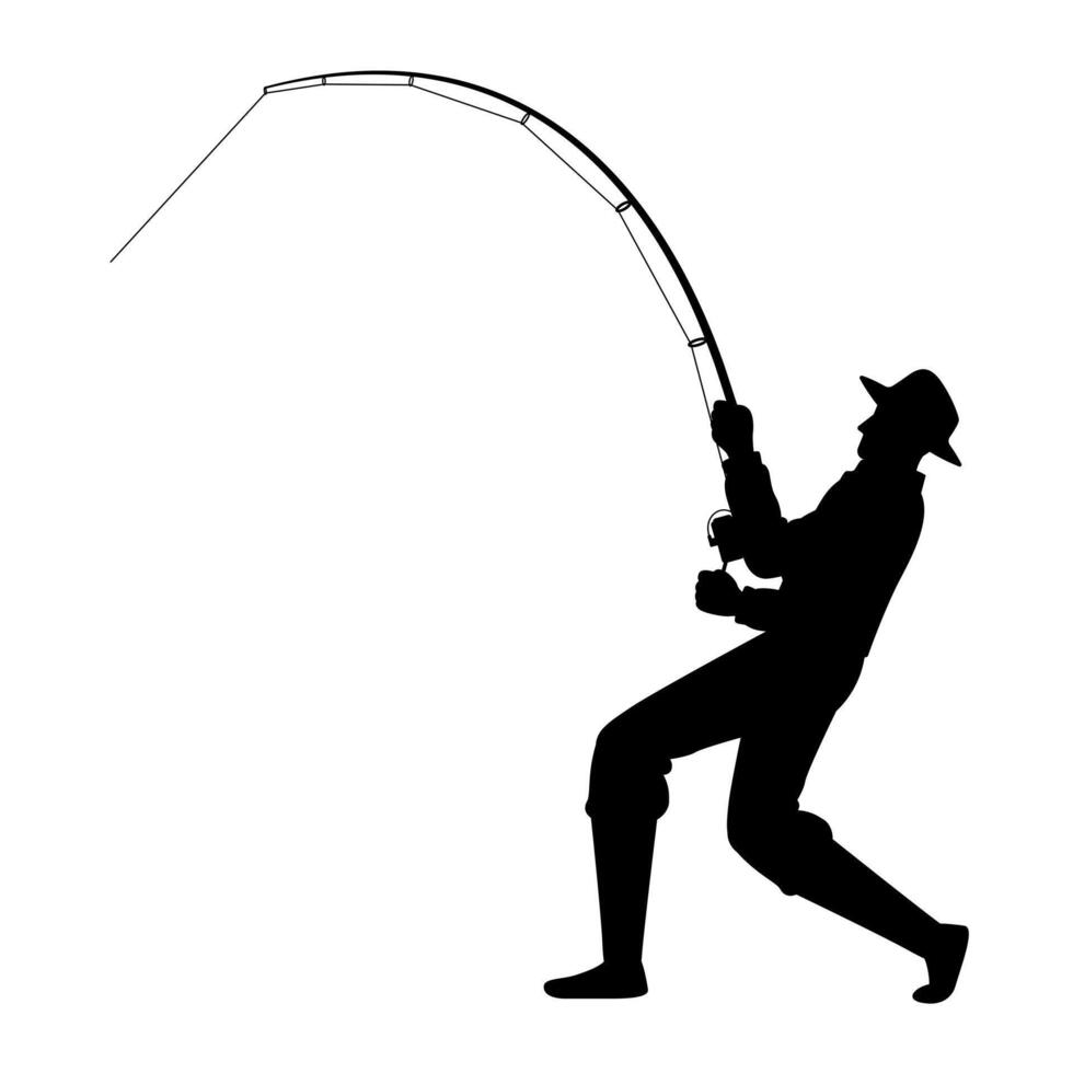 Fisherman using a fishing rod to pull up a fish. vector