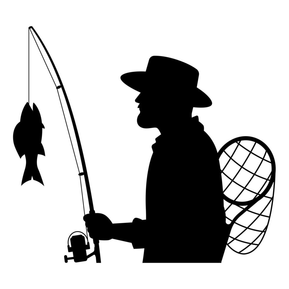 Silhouette graphic of a fisherman holding a fishing rod. vector