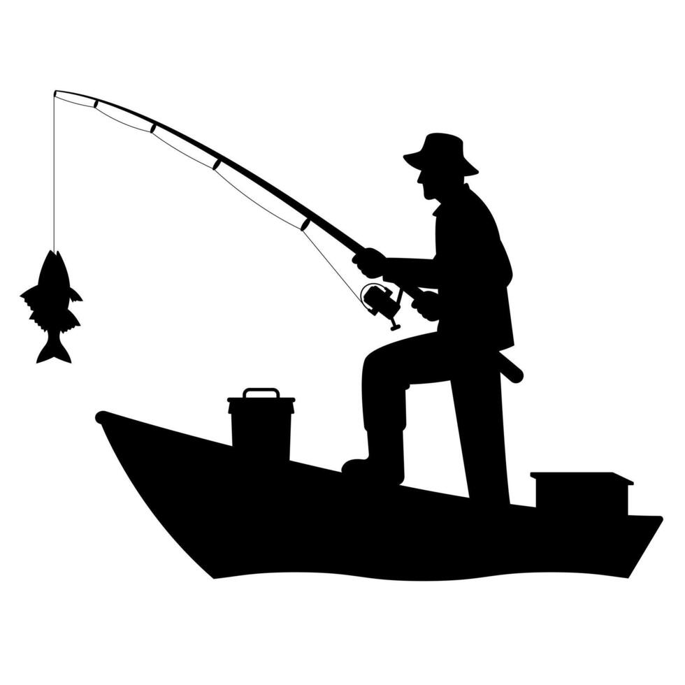 Silhouette graphic of a man fishing on a boat. vector