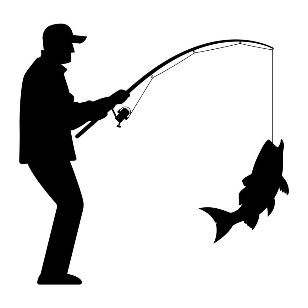 Silhouette graphic of a man wearing a cap standing fishing. vector
