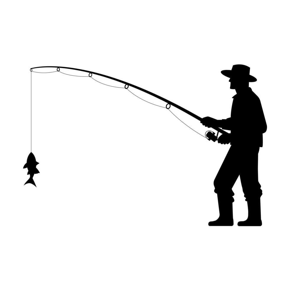 Silhouette of a man in a hat standing fishing vector