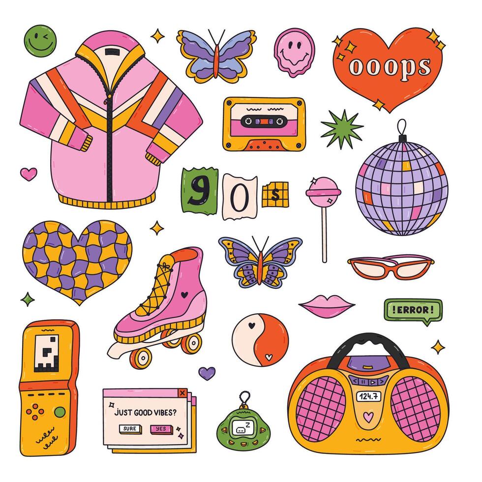 Groovy doodle hand drawn Y2k set with symbols from 90s, 00s. Retro aesthetic clipart of sport jacket, radio, electronic toy, butterfly, disco ball, cassette, roller skate. Nostalgia for 1990s vibe vector