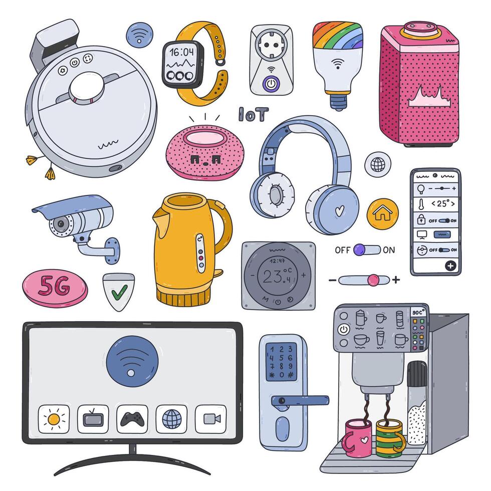 Colorful doodle set of smart devices for entertainment, secure, clean home. Hand drawn intelligence machine with remote control via phone. Collection of Internet of things isolated on background. vector