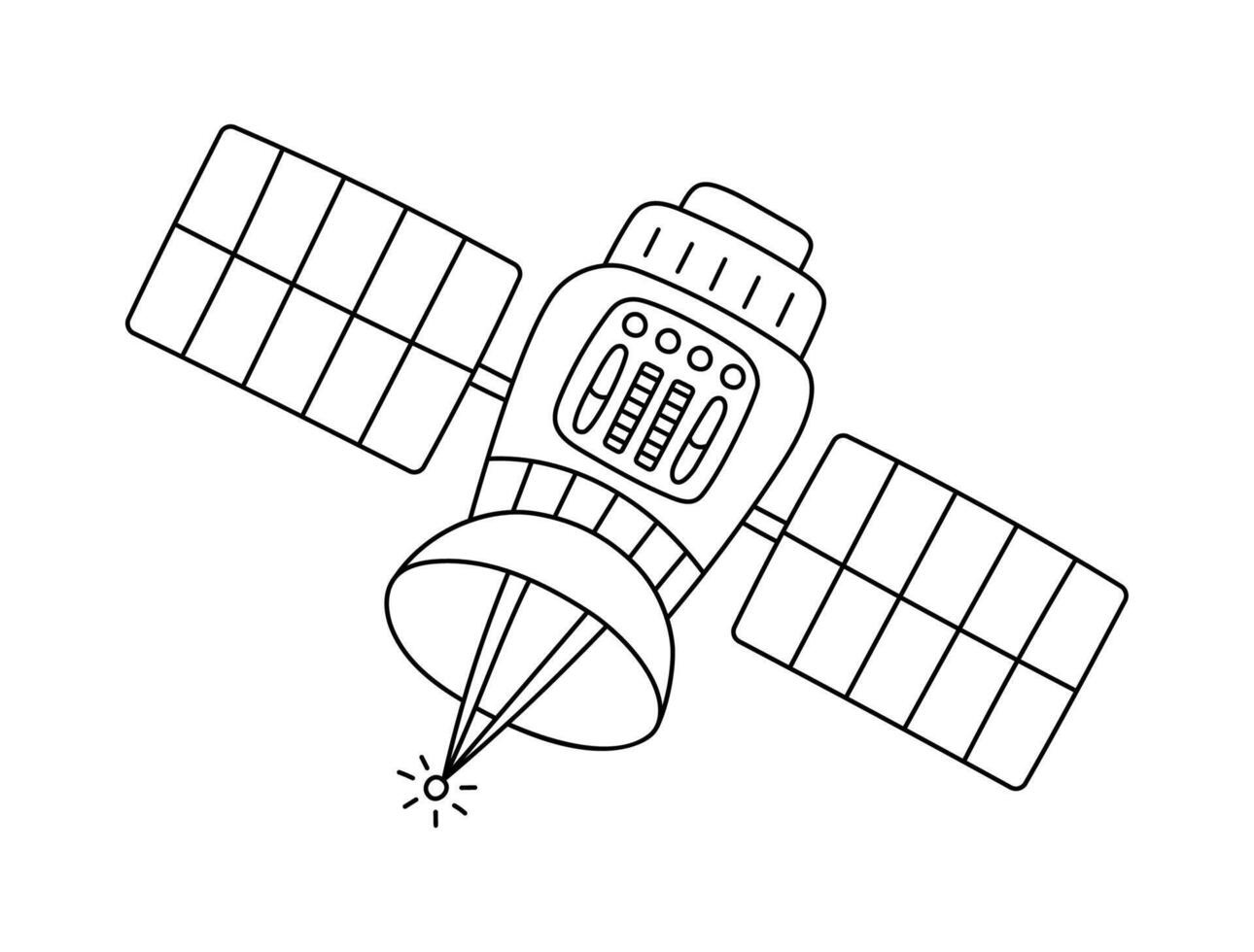 Cute doodle of satellite flying in outer space in childish style. Hand drawn space probe for transferring signal, data, information. Black and white outline spacecraft isolated on white background. vector