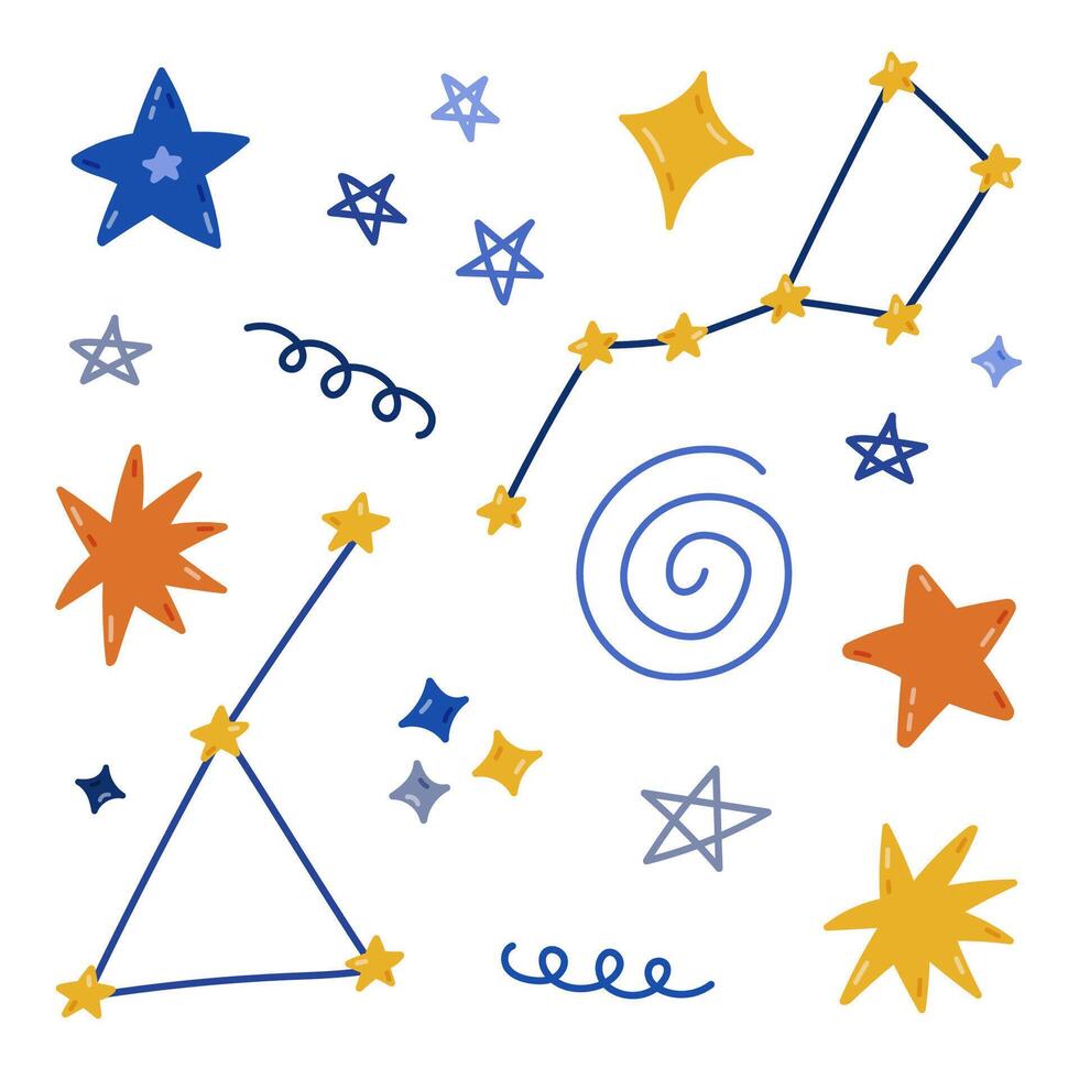 Childish hand drawn set of stars in different shapes, constellation, line squiggle and scribble. Simple doodle star as symbol of astronomy, astrology, space and universe isolated on white background. vector
