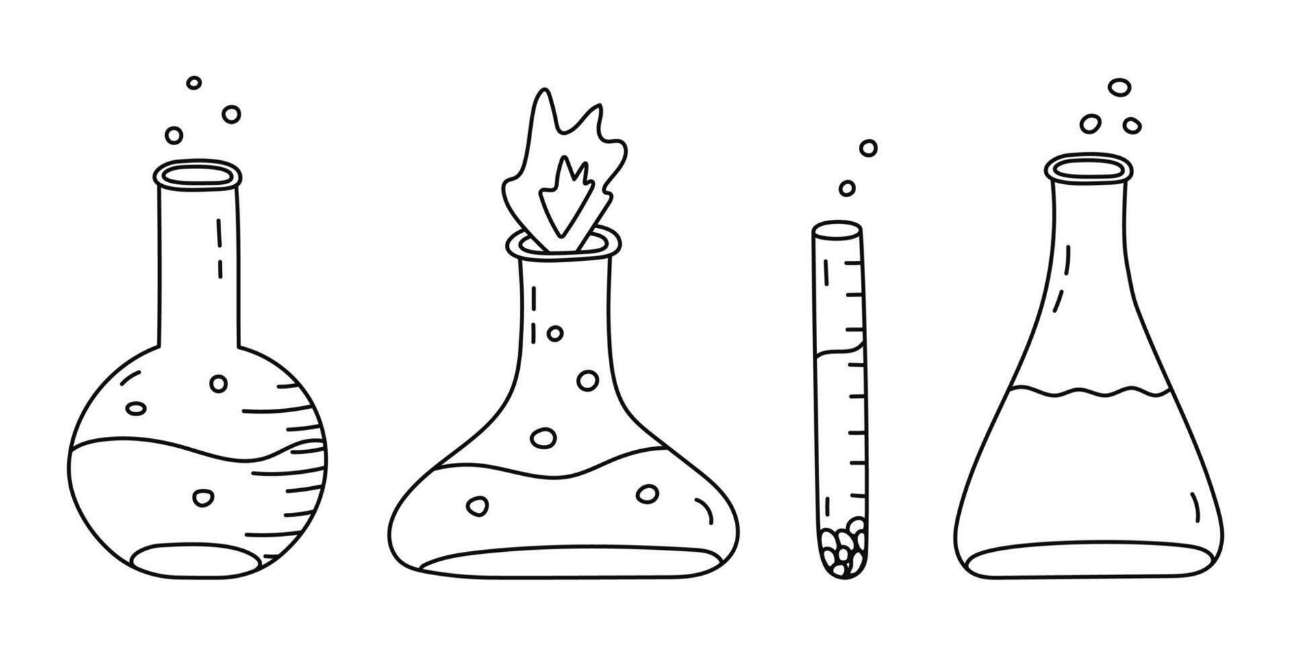 Cute doodle set with laboratory beaker with fire, chemical solution, reagent. Flat-bottomed, round flask, glassware, tube for scientific, chemistry experiment. Hand drawn outline lab equipment. vector