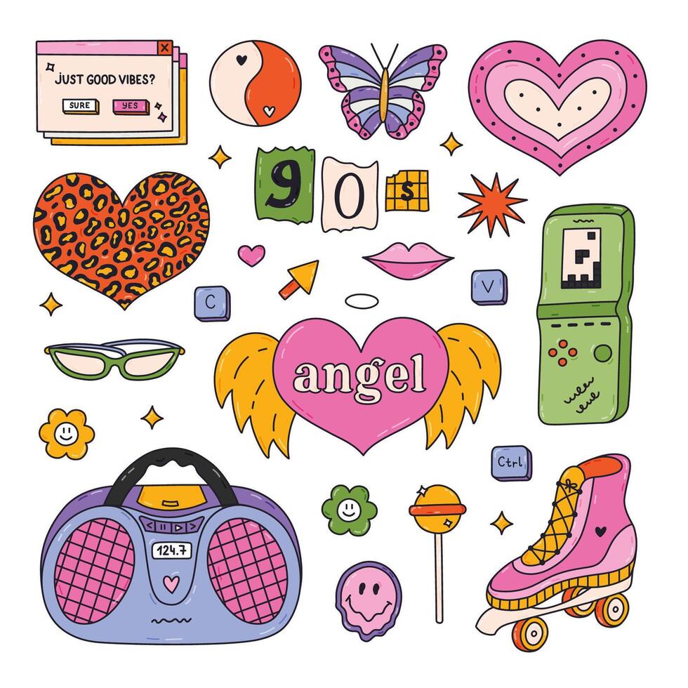 Groovy outline hand drawn Y2k set with symbols from 90s, 00s. Retro aesthetic clipart of sport jacket, balloon dog, butterfly, flame, heart, old PC, cassette, roller skate. Nostalgia for 1990s vibe vector