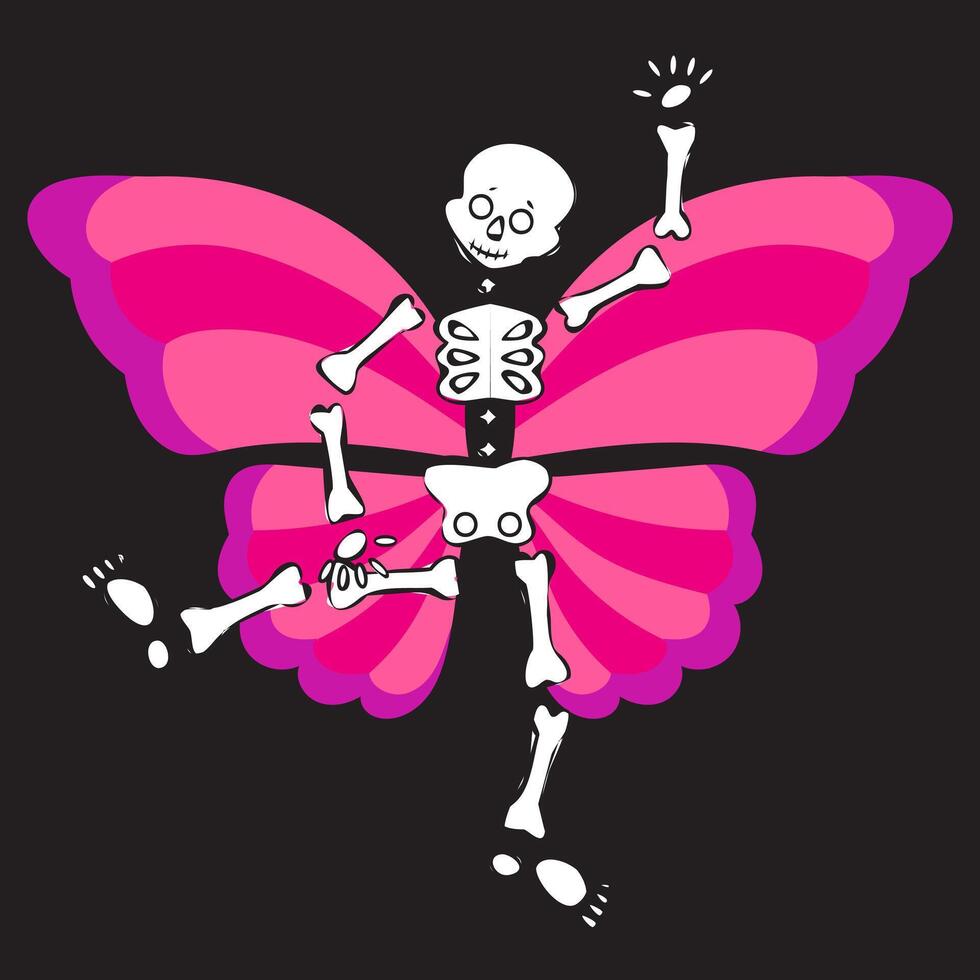 Cheerful skeleton with butterfly wings dancing on a black background. illustration. vector
