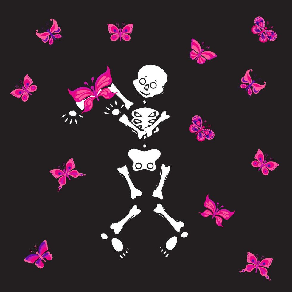 Cute dancing skeleton with butterflies. illustration isolated on black background. vector