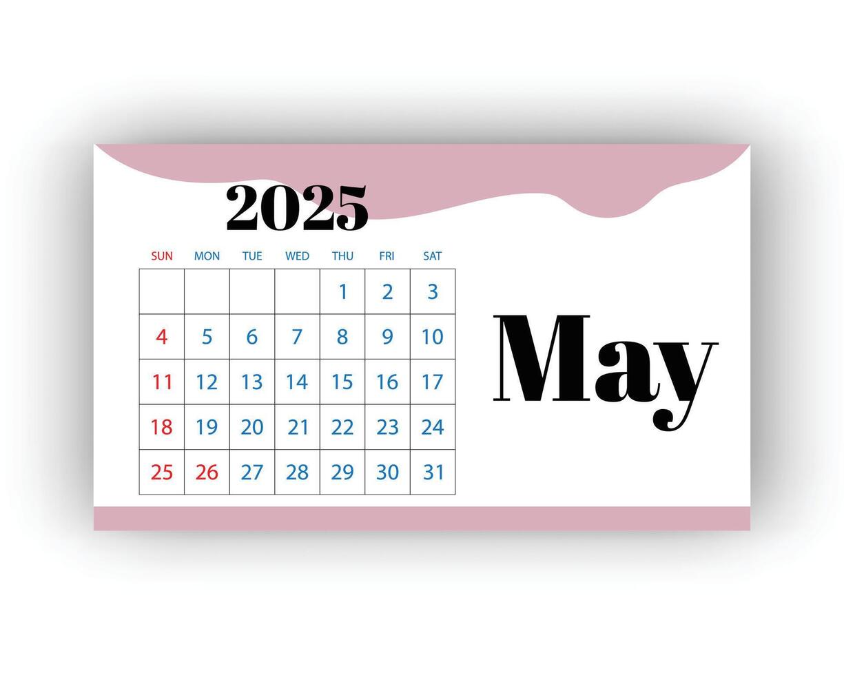Monthly Calendar Design - May Calendar 2025 illustration on isolated background vector
