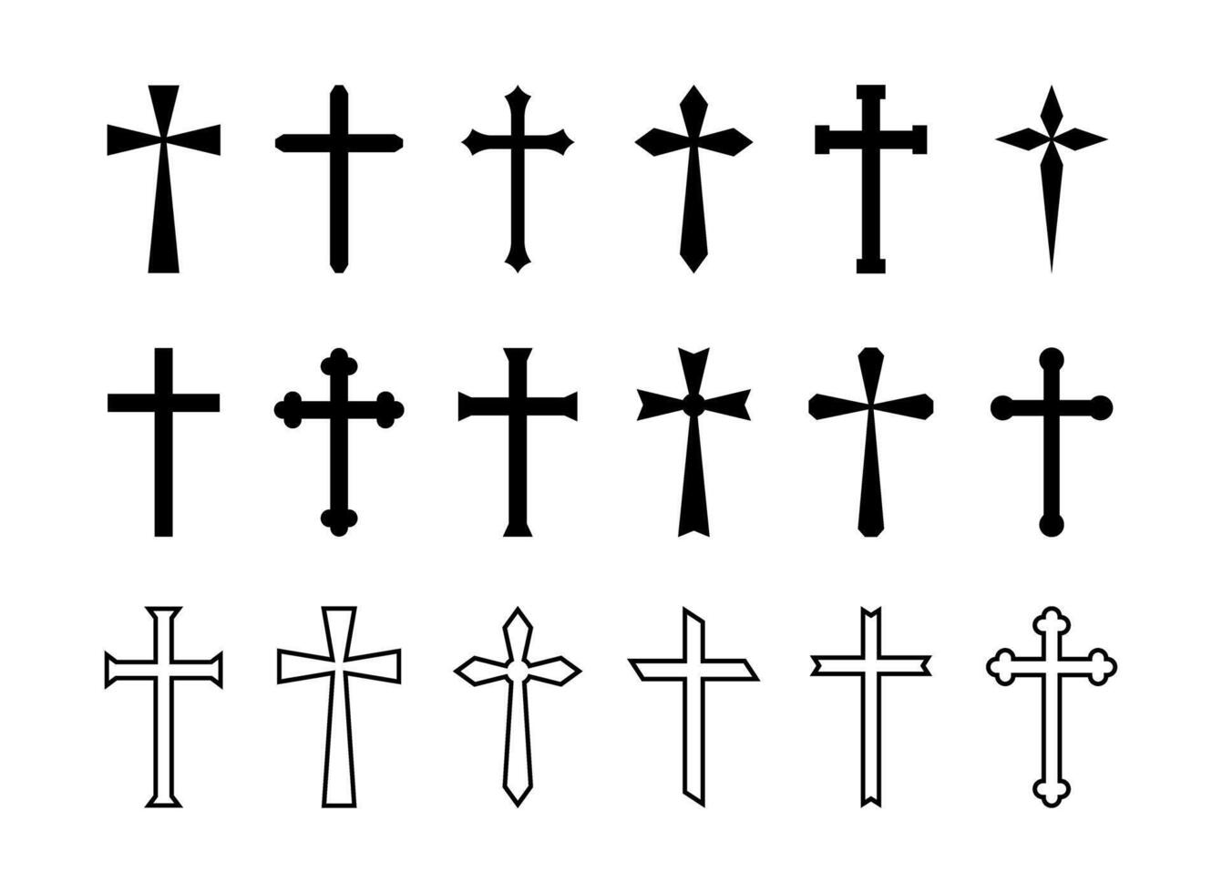 Christian cross flat outline style icons collection vector