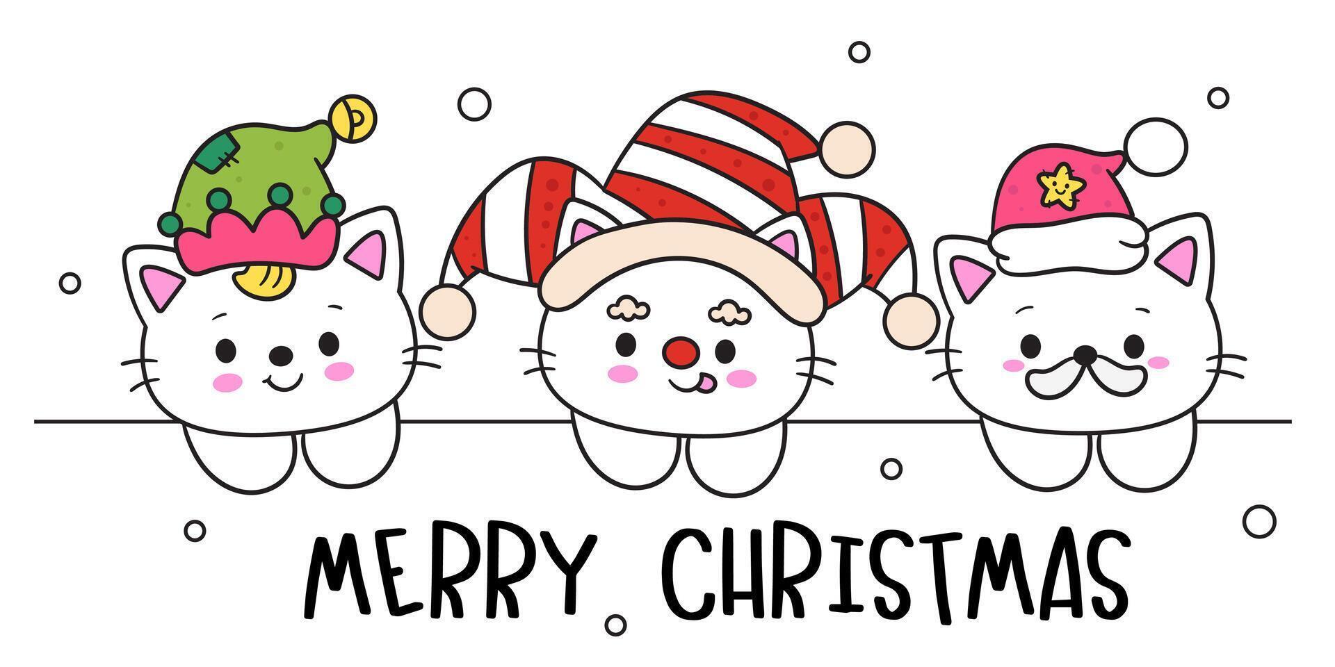Kawaii Christmas cat set wear festive hat vector