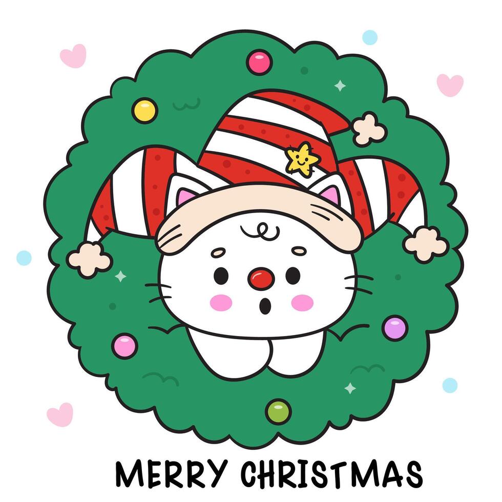 Kawaii Christmas cat wear joker hat in Christmas wreath vector