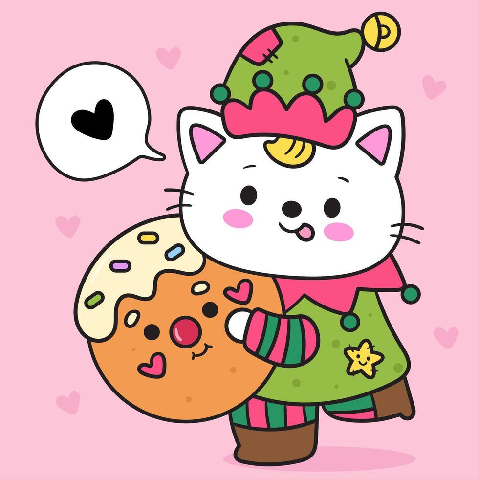 Kawaii Christmas cat elf fantasy with gingerbread cookie vector