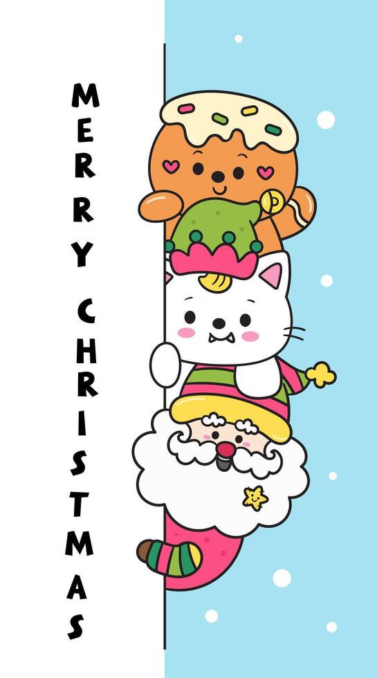 Kawaii Christmas set santa claus gingerbread cookie and baby cat vector