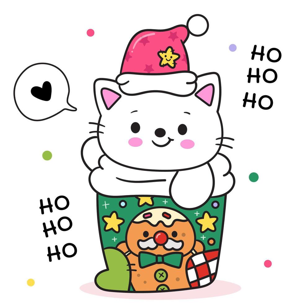 Kawaii Christmas cat in xmas gingerbread cookie sock vector