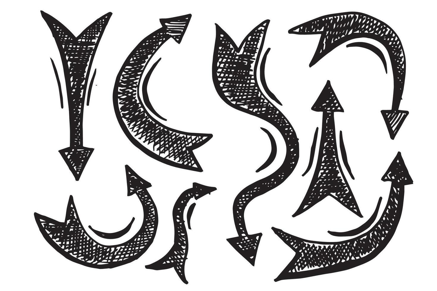 Big set of brush stroke arrows. Template grunge texture chalk pointers, hand drawn black abstract shapes of different sizes vector