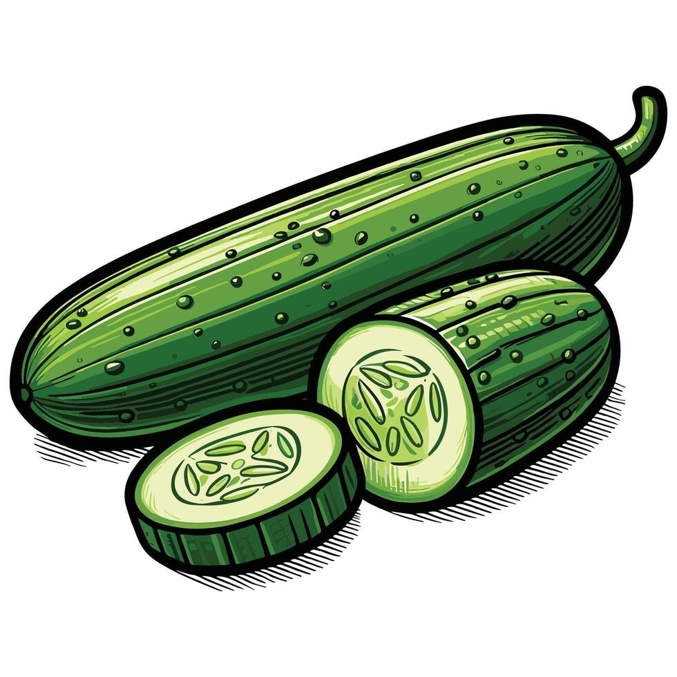 Fresh Organic Green Cucumber Illustration with Slices vector