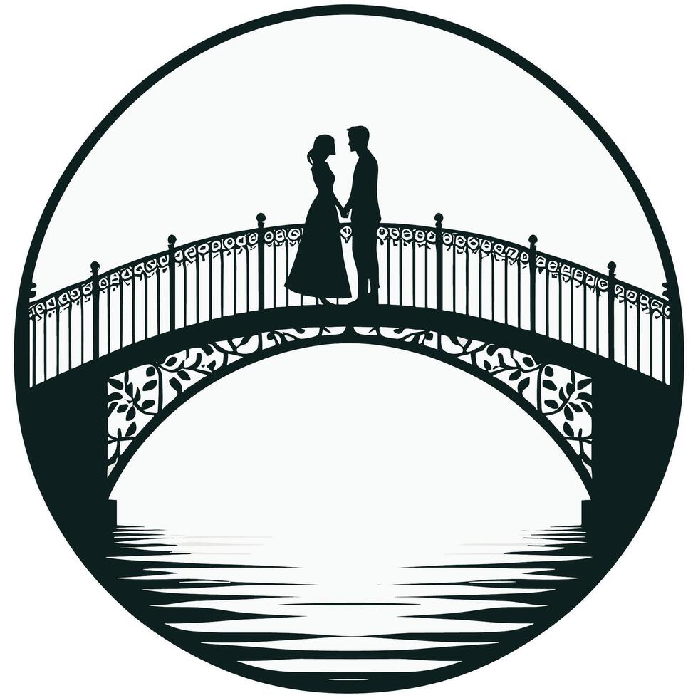 Romantic Couple on Bridge Silhouette Romantic Evening Scene Illustration vector
