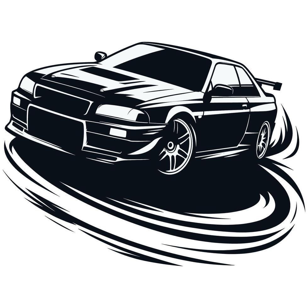 Stylish Racing Car Drifting on a Track with Tire Smoke in Monochrome Illustration vector
