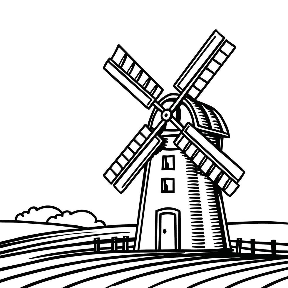Traditional Four Sail Windmill in Countryside Black and White Illustration vector