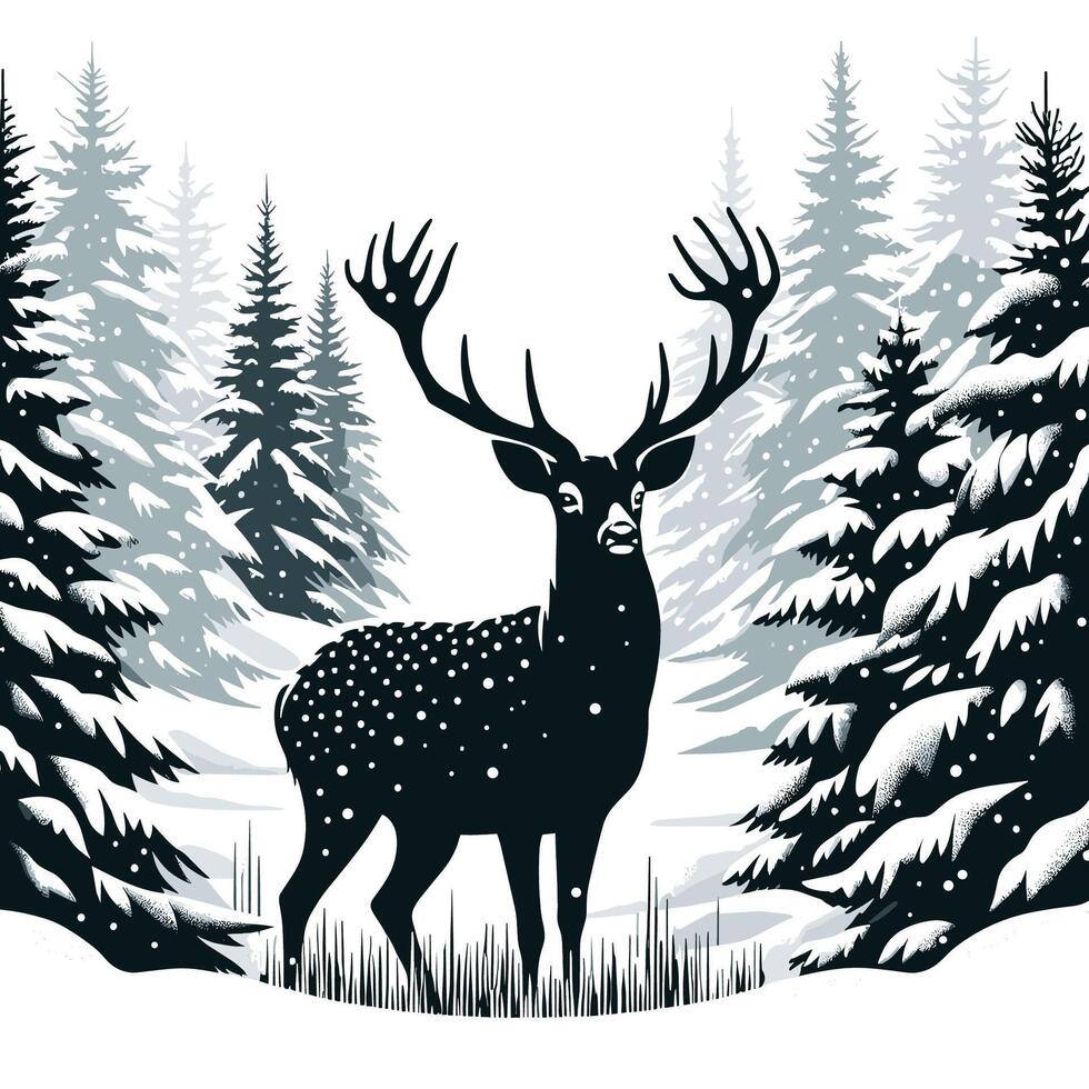 Peaceful Winter Wildlife Scene with Deer and Snowy Trees vector