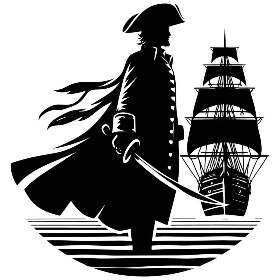 Black and White Pirate Captain with Sword and Ship Illustration vector