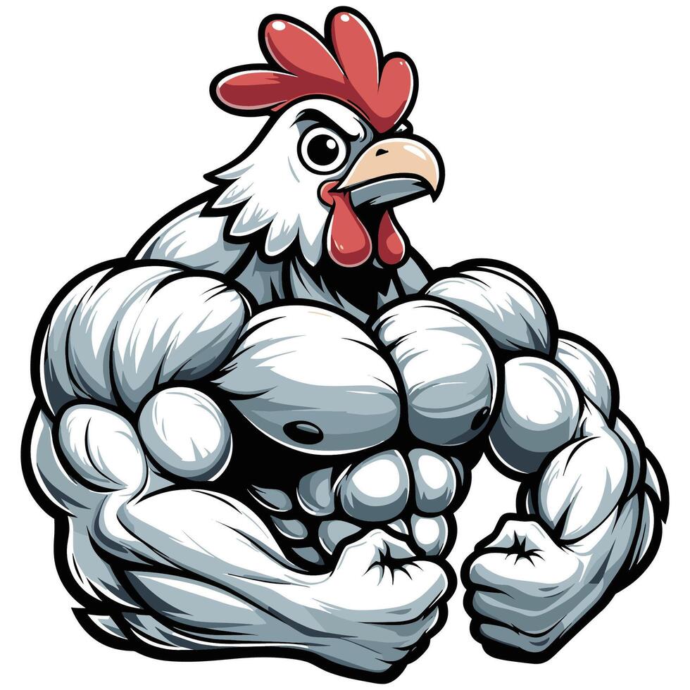 Cartoon Muscular Chicken Character Flexing Muscles Strong and Funny Animal Illustration vector