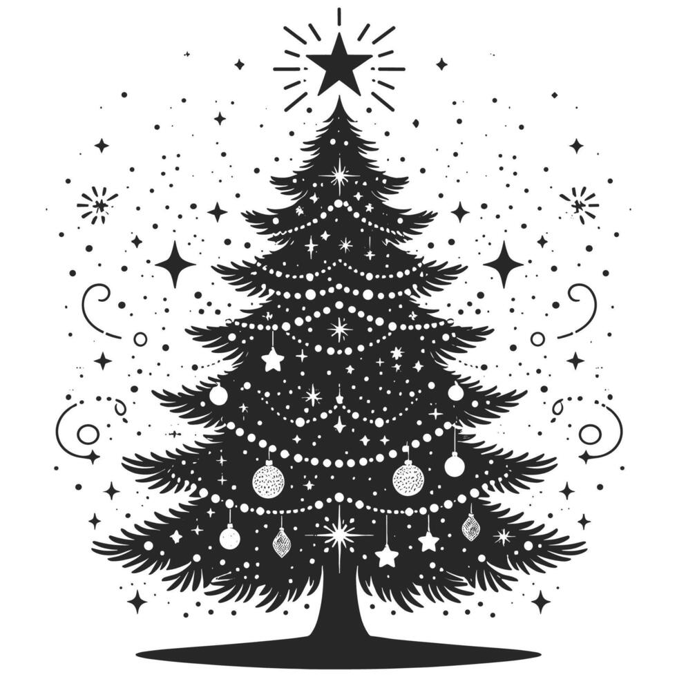 Classic Christmas Tree Illustration in Black and White with Ornaments and Star vector