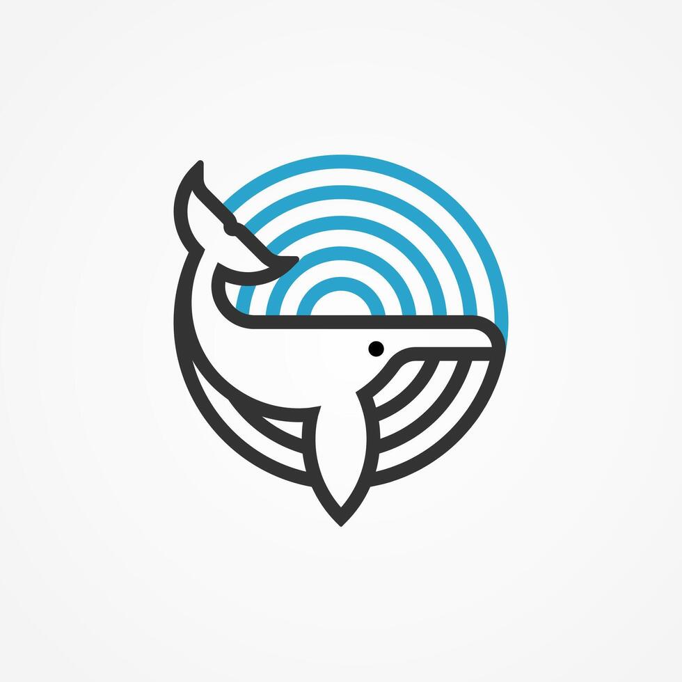 Whale Logo Design, minimal whale logo with circle line art style, flat design logo template, illustration vector