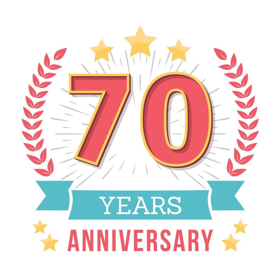 70 Years anniversary emblem with ribbon, laurel wreath and stars vector
