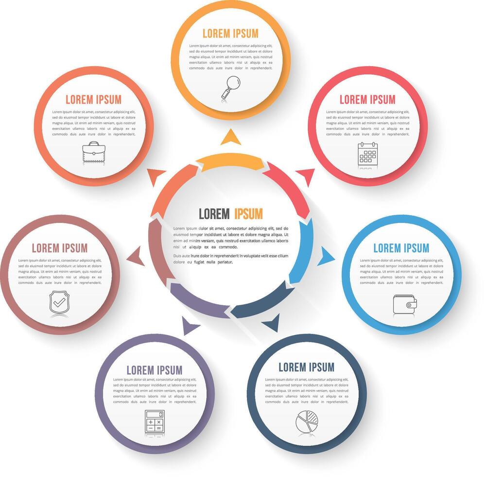Circle infographic template with seven elements, steps or options, workflow or process diagram, data vizualization vector
